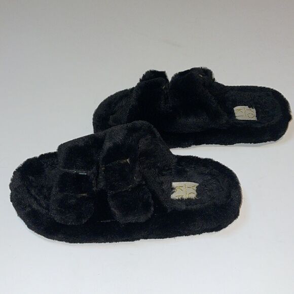 YOKI BLACK FUR SLIPPERS SIZE MED (7/8) - Picture 3 of 5